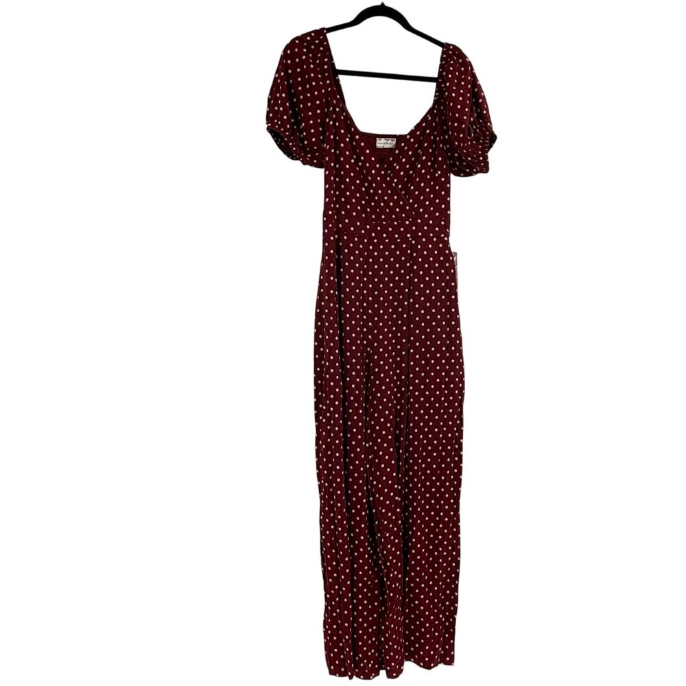 Band Of The Free Burgundy Polka Dot Puff Sleeve Maxi Jumpsuit Womens S/M